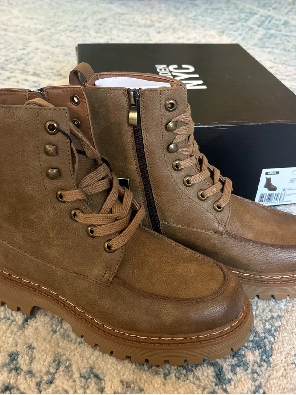 Men's Tan Lace-Up Utility Boots with Side Zip